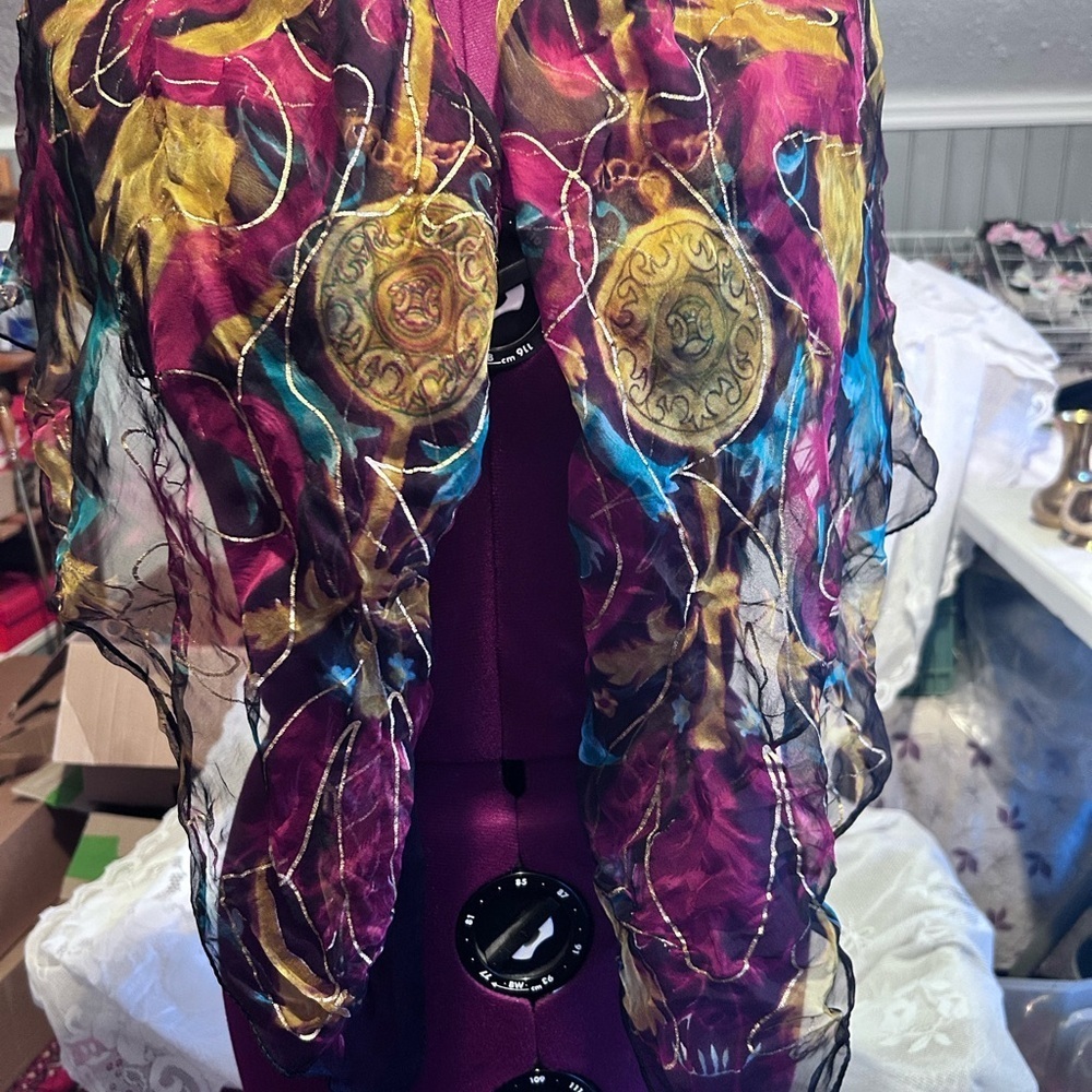 Sheer floral print scarf with metallic thread accents- kneck scarf, hair scarf -